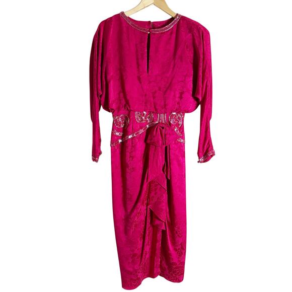 Vintage 80s Pink Sequin Beaded Ruffled Jacquard Long Sleeve Cocktail Dress 6 - Picture 1 of 12